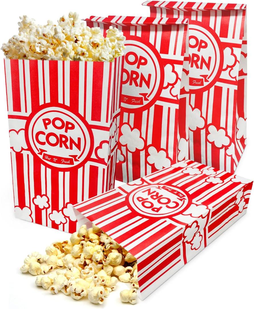 100 Pcs Flat Bottom Popcorn Bags, 2 oz Paper Popcorn Bags for Family Movie Night Baseball Themed Carnival Christmas Birthday Party