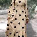 Women's Autumn Dress Long-Sleeved v-Neck Cinched Waist Elegant Large Polka Dot Long Dresses (Beige, M)