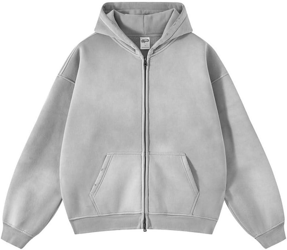 Botong Mens Oversized Zip Up Hoodies Vintage Unisex Acid Wash Streetwear Hoodie Trendy Y2K Sweatshirt Light Grey XXL