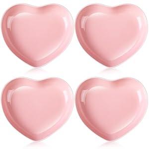Tioncy 4 Pcs Ceramic Heart Shaped Plates 9 Inches Porcelain Heart Bowls Cute Plates Dinner Dishes for Dessert Salad Appetizer Party Supplies(Pink)