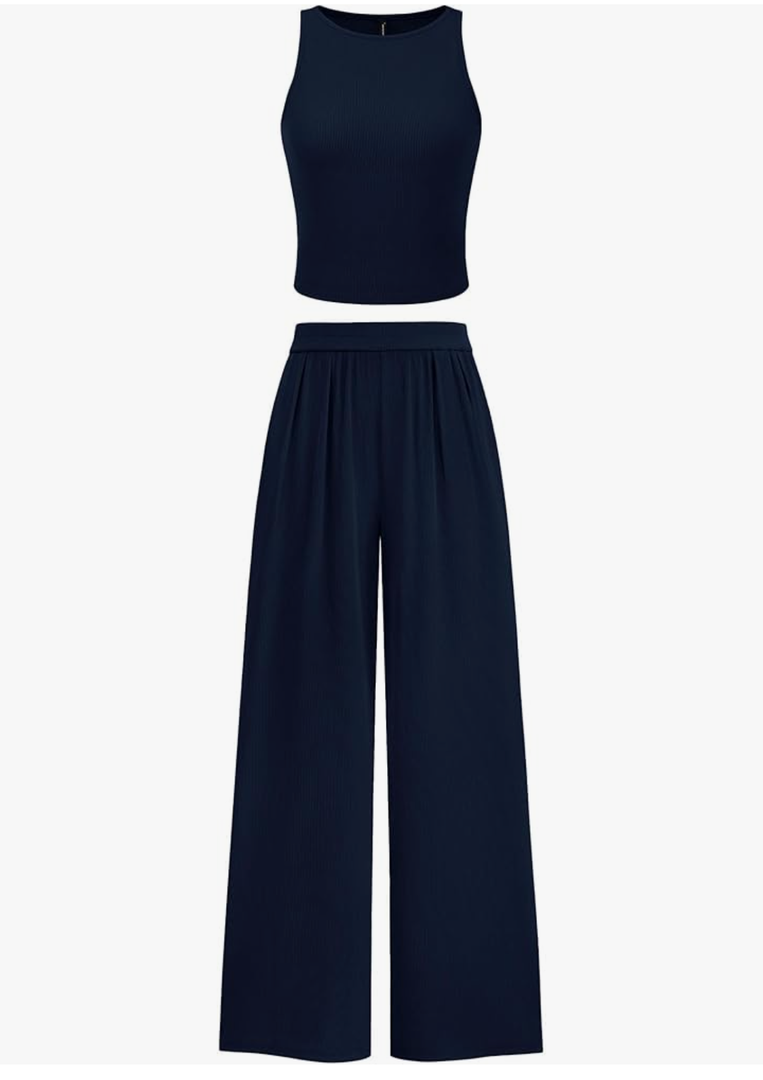 PRETTYGARDEN Spring Two Piece Sets For Women 2025 Ribbed Knit Crew Neck Sleeveless Tank Tops Wide Leg Pants Casual Lounge Set (Navy, Small)
