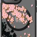 FUNMIKO for iPhone 15 Case Wireless Charging & Military-Grade Protection - Cute Floral Design for Women Girls, Non-Slip Matte Cover with Shockproof Corners - Black and Pink Cherry Blossoms