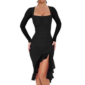 BORIFLORS Women's Sexy Ruched Bodycon Midi Dresses Elegant Mesh Long Sleeve Square Neck Ruffle Hem Cocktail Party Dress, Large, Black