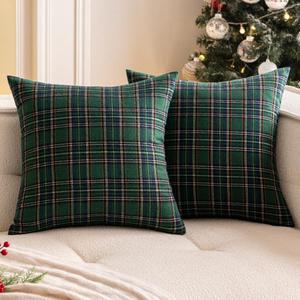 Woaboy Christmas Set of 2 Scottish Tartan Throw Pillow Covers Farmhouse Classic Plaid Decorative Couch Pillows Home Decor for Sofa Living Room Bed 18x18 Inch, Green