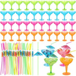 120 Pcs Plastic Margarita Glasses with Umbrella Drink Straws 60 Pcs 12 oz Disposable Margarita Cup and 60 Umbrella Straws for Cinco De Mayo Fiesta and Mexican Taco Party Supplies Summer Party Supplies