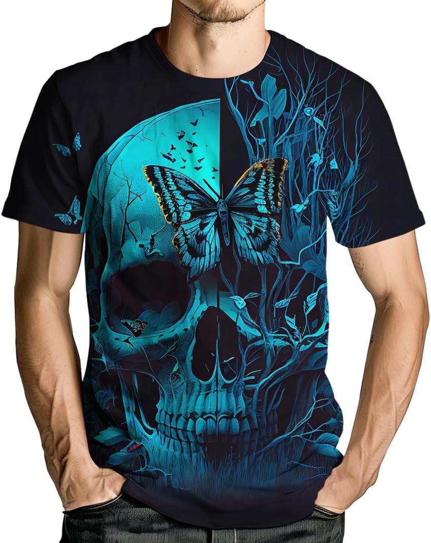 Men's Skull Graphic Tshirt 3D Print Skeleton Shirt for Men Funny Skull Tees Top (Medium, Blue)