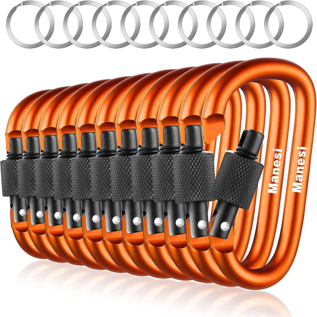 10 Pack Aluminum D Ring Key Rings Hiking Clips Locking Carabiner for Hiking Camping Fishing and Outdoor UseClips with Screw Gate Multicolored (Orange)