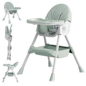 Baby High Chair, 5 in 1 High Chairs for Babies and Toddlers, Travel Foldable High Chair with Detachable PU Cushion, Double Removable Tray, Adjustable Height & Recline, Locking Wheels (Turquoise)