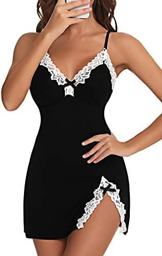 Aranmei Women Sexy Lace Chemise Nightgown Sleepwear V Neck Full Slip Babydoll Lingerie Sleep Dress Medium