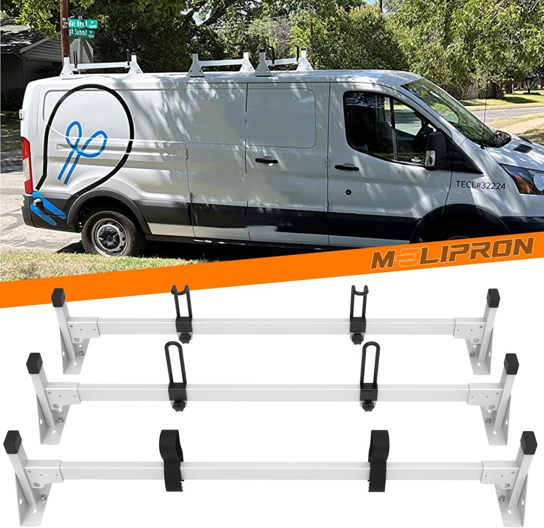 MELIPRON Cargo Van Roof Ladder Rack Fit for 2015-2025 Ford Transit 150 250 350, Low/Mid/High Roof, HeavyDuty 800 lbs Capacity Steel Ladder Rack for Van, NoDrill Ladder Rack with White Powder Coat