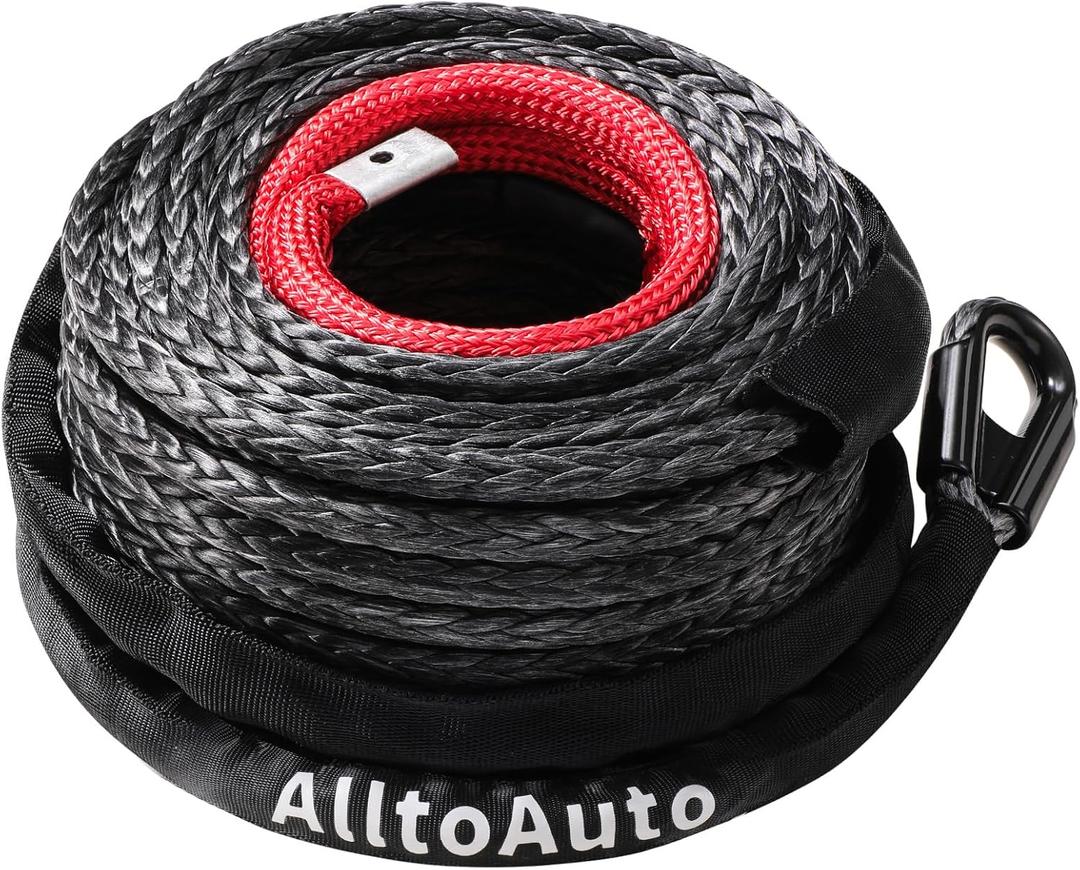 Synthetic Winch Rope 3/8" x 85' Dyneema Cable with Protective Sleeve, 27,500 LBs Breaking Strength for Truck 4WD Off-Road Vehicle (Black&Red)