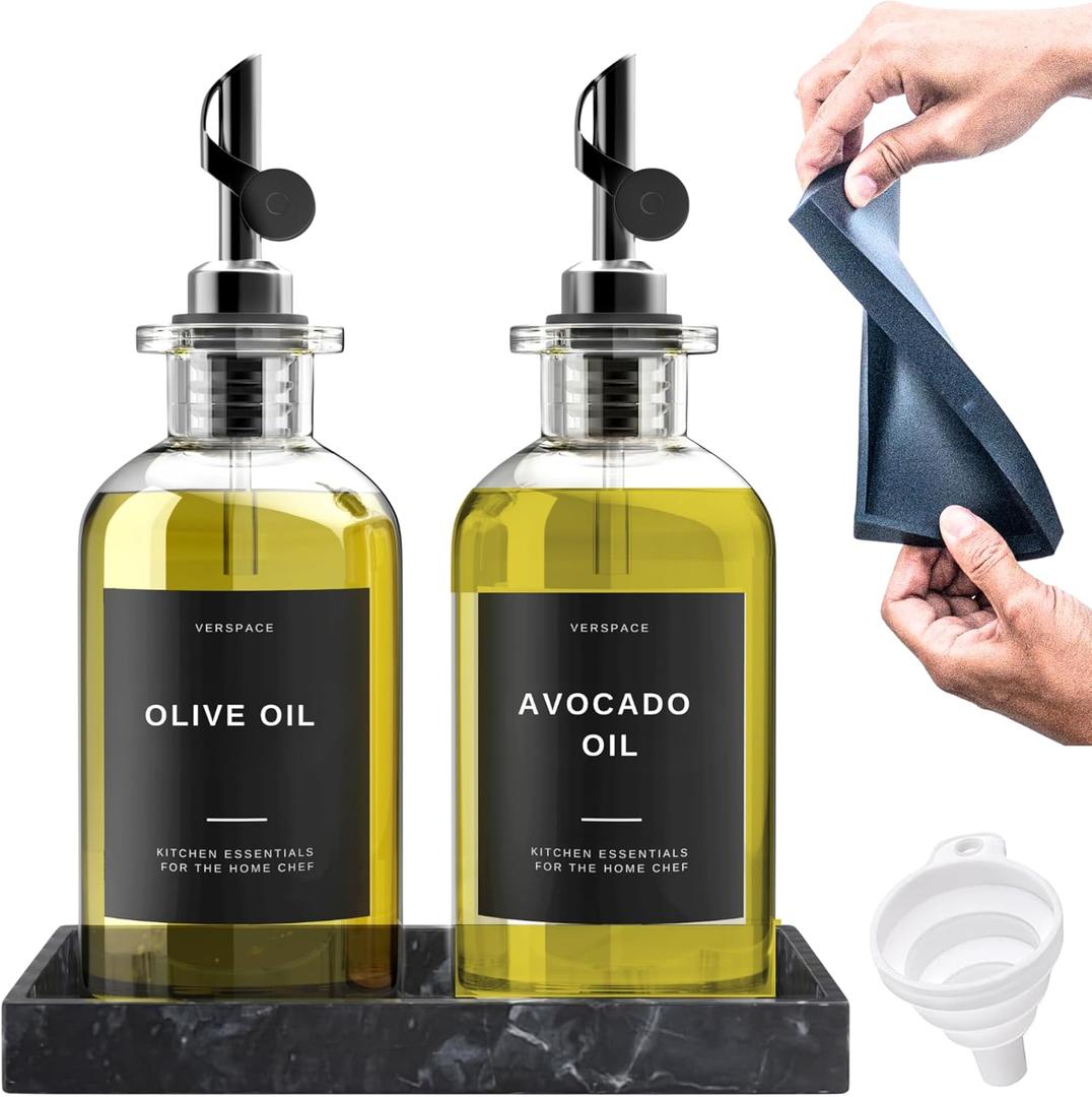 Clear Glass Olive Oil Dispenser Bottles For Kitchen With Silicone Tray & 40 Labels, Soy Sauce Dispenser, Coffee Syrup Dispenser, Olive Oil Bottles Set Of 2, Black