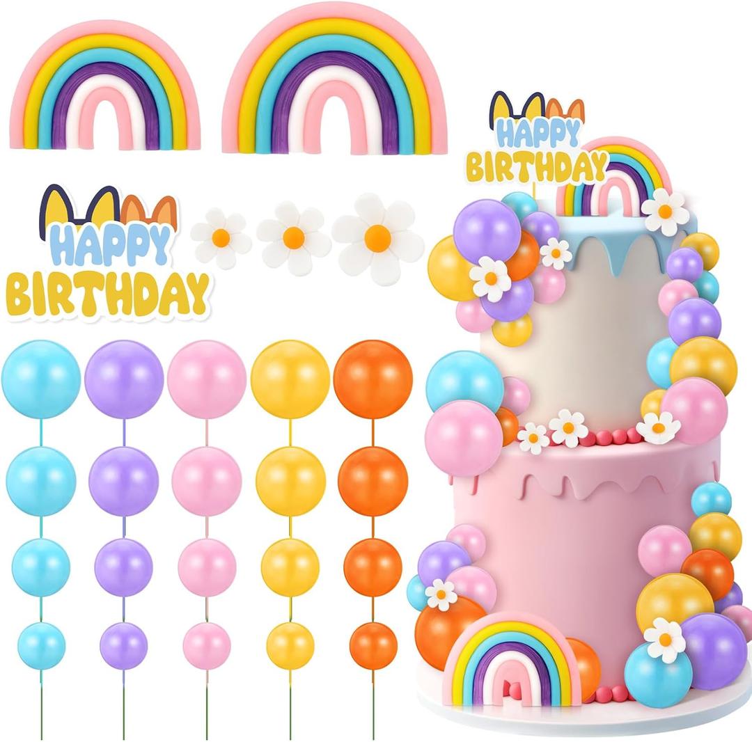 63 Pcs Cake Toppers with Balls Daisy Rainbow Cake Topper, Blue Cake Topper Pastel Cupcake Toppers Cake Decorations for Birthday Wedding Groovy Party Supplies
