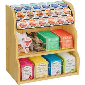 LASZOLA Bamboo Tea Bag and Coffee Holder Organizer for Cabinet Counter Office, 3 Tier Large Capacity Vertical K Cup and Tea Packet Storage Rack, Sturdy Display Stand, Easy Assemble