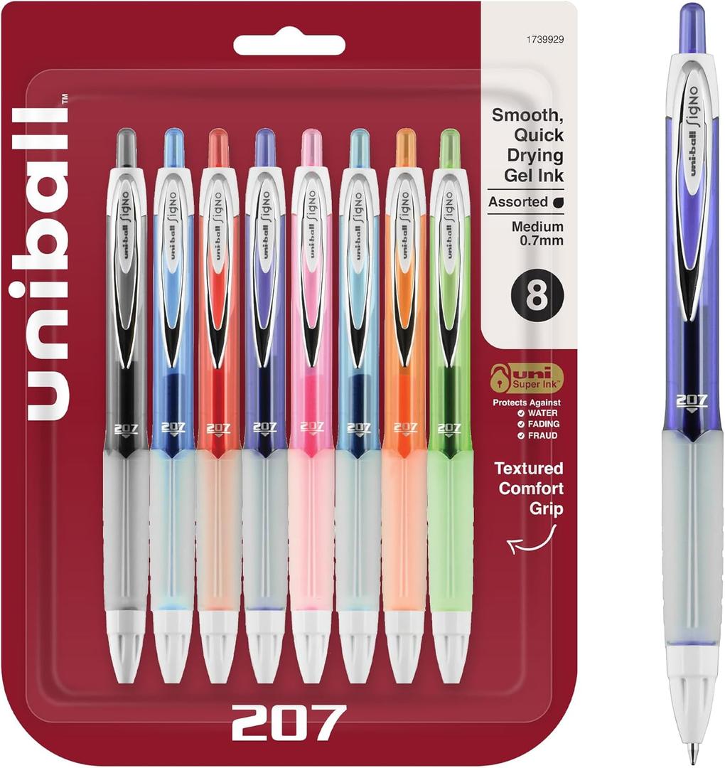 Signo Gel 207 Roller Ball Retractable Gel Pen, Purple Ink, Medium, Assorted Ink with Translucent Assorted Barrel/Medium Point/Set of 8