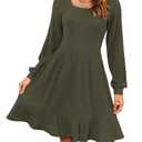 AUSELILY Womens Fall Dress 2025 Square Neck Long Sleeve Dresses Casual A Line Knit Sweater Dress with Pockets, Army Green L