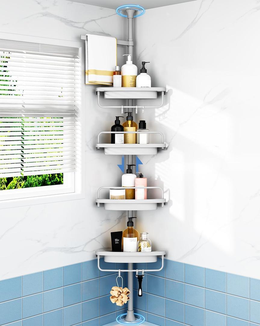 ALLZONE Corner Shower Caddy Tension Pole, Extendable Rustproof Stainless Steel Pole & 4-Tier Adjustable Shelves for Easy Drainage and Built-to-Last Stability, 34 to 116 Inches, Grey, 34 to 116 Inches Height