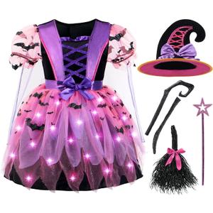 Spooktacular Creations Girls Light Up Witch Costume, Kids Witch Costume with Hat and Broom for Toddler Halloween Dress Party (Medium(8-10 yrs), Pink)