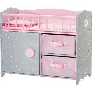 Olivia's Little World Wooden Baby Doll Crib with a Cabinet and Two Cubbies for Doll Accessory Storage Underneath, Pink and Gray and White Polka Dots