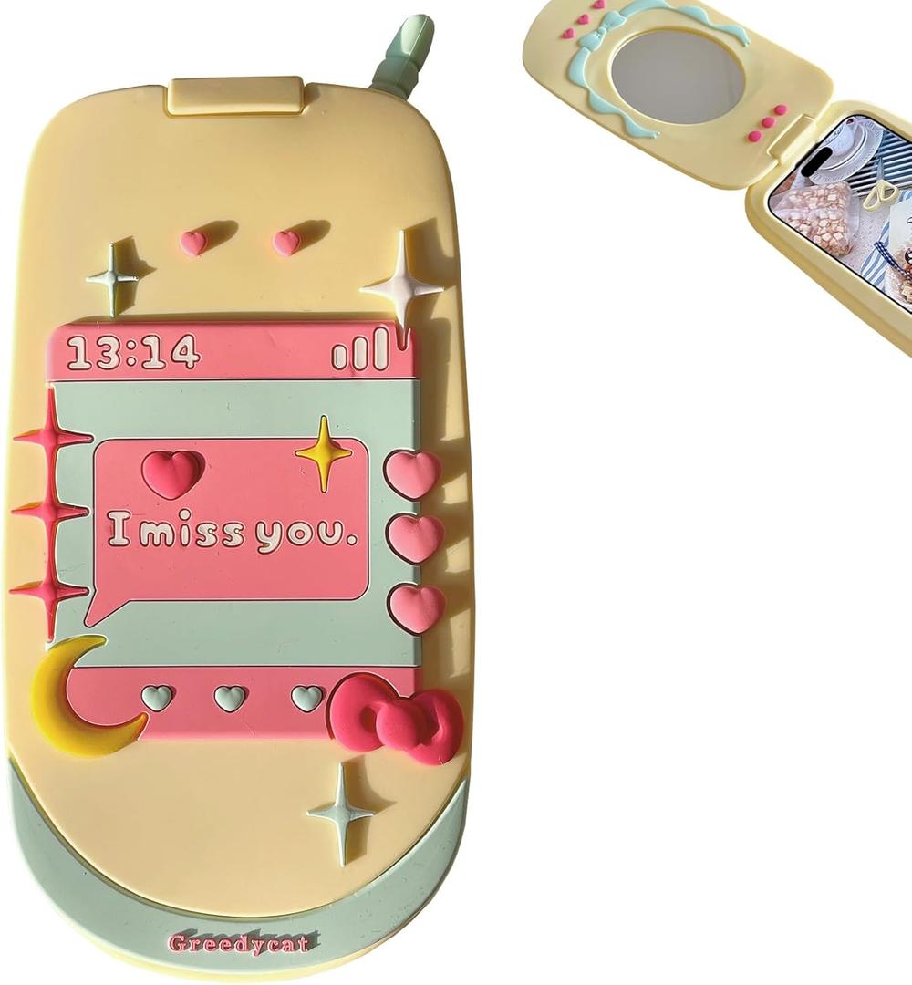 Mirror Case Compatible with iPhone 14 Pro MaxCute Kawaii 3D Cartoon Retro Phone Cover Fun Soft Rubber Shockproof Protector for Women Girls-Flip Yellow