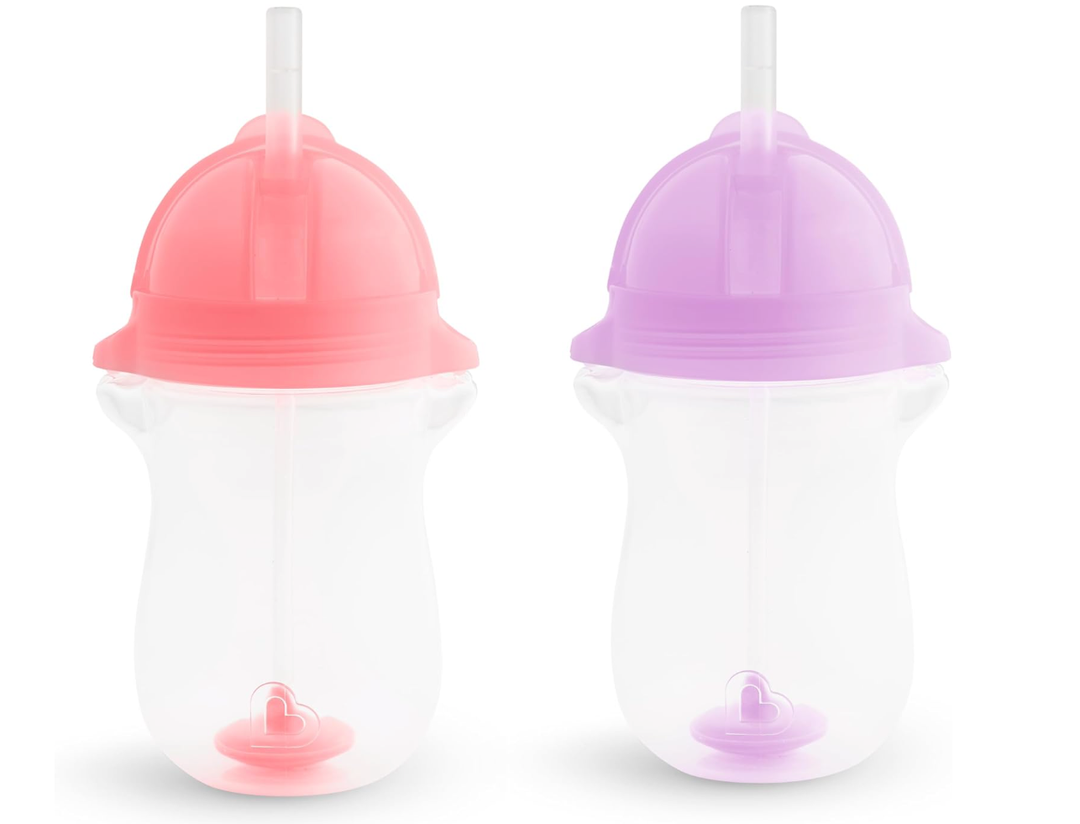 Munchkin Any Angle Weighted Toddler Straw Cups with Click Lock Lid, 10 Ounce, 2 Pack, Pink/Purple