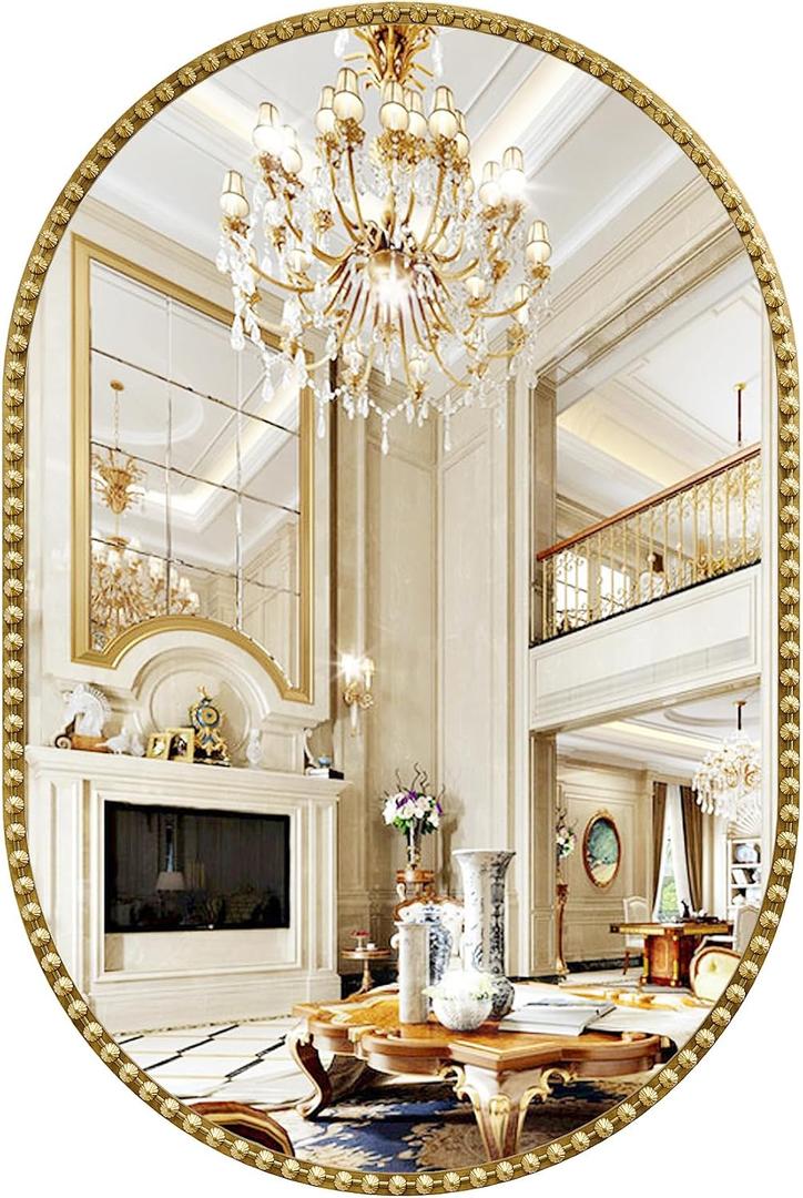 Oval Mirror for Wall, 20x30 Inch Gold Oval Bathroom Mirror, Antigue Gold Vanity Mirrors, Metal Floral Frame Mirror for Bedroom Living Room Hallway, Hangs Horizontally or Vertically