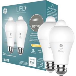 GE LED+ Motion Sensor LED Light Bulbs, 12W, Outdoor Security Lights, A21, Warm White (2 Pack)