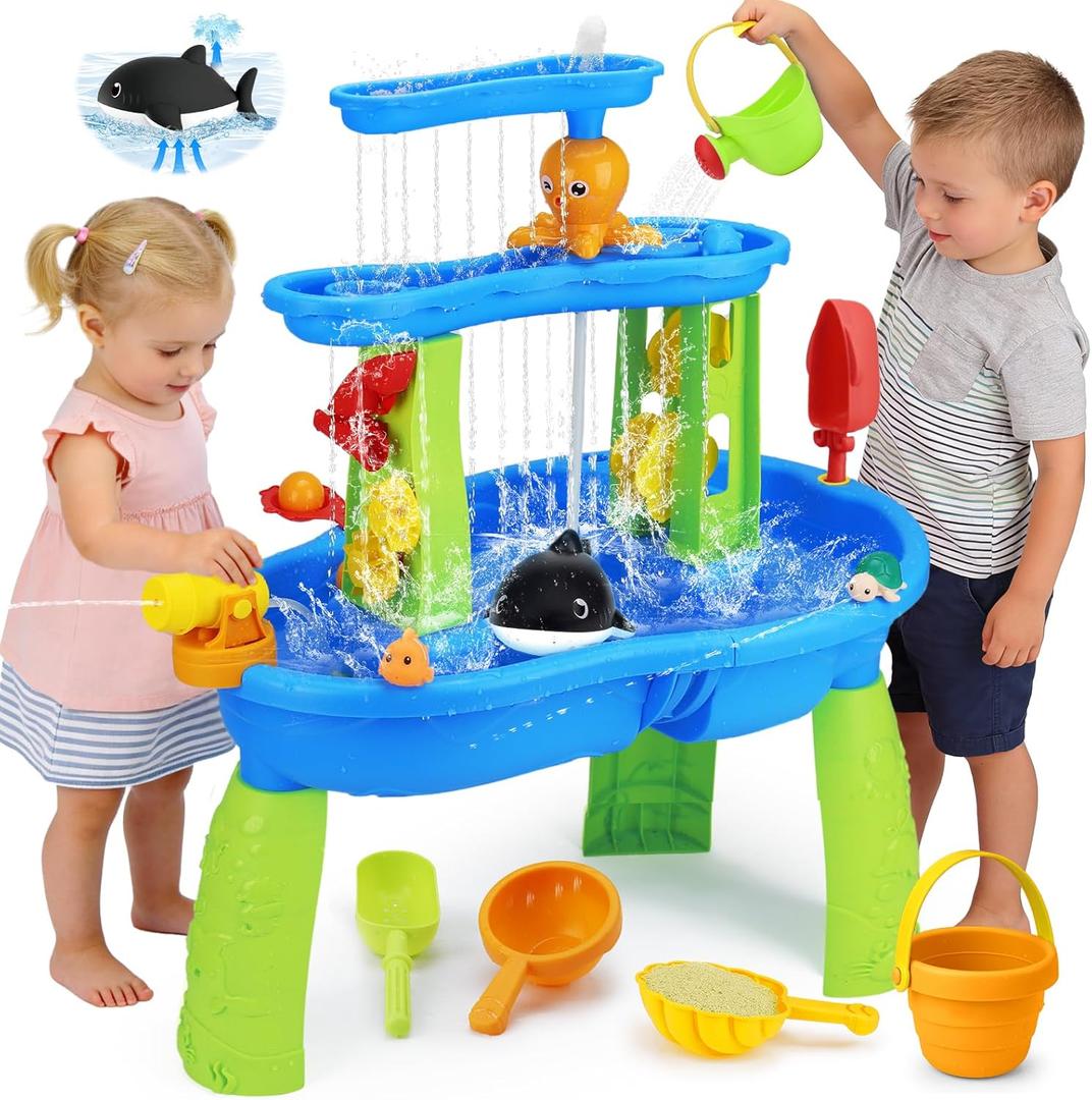 2026 Water Table for Toddlers 1-3 3-5 with Pump, 3-Tier Outdoor Sand Water Play Table Toys for Kids Ages 4-8 Outside Activity Sensory Summer Beach Pool Backyard Splash Toys for Boys Girls Gifts Blue