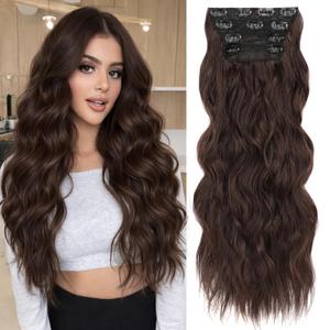 ALXNAN Clip in Long Wavy Synthetic Hair Extension 20 Inch Chocolate Brown 4PCS Thick Hairpieces Fiber Double Weft Hair for Women