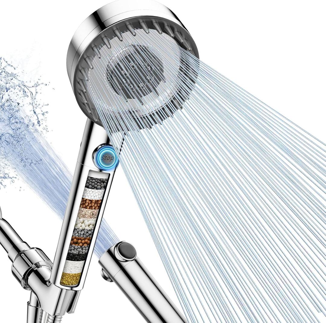 PWERAN Filtered Shower Head with Handheld, High Pressure 4 Spray Mode Showerhead with Filters, Water Softener Beads for Hard Water with ON/OFF Switch for Pets - Remove Chlorine (Chrome, 5 Inch Panel)