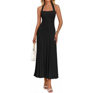 MEROKEETY Women's 2026 Spring Summer Sweater Dress Casual Halter Sleeveless Elegant Ribbed Knitted Bodycon Midi Dresses (Black, M)