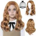 Brown Long Wavy Wig for Women Brown Cosplay Wigs with Middle Part for Halloween Outfit Long Wavy Curly Wigs Brown Wig for Daily Cosplay Costume Party + Hair Cap