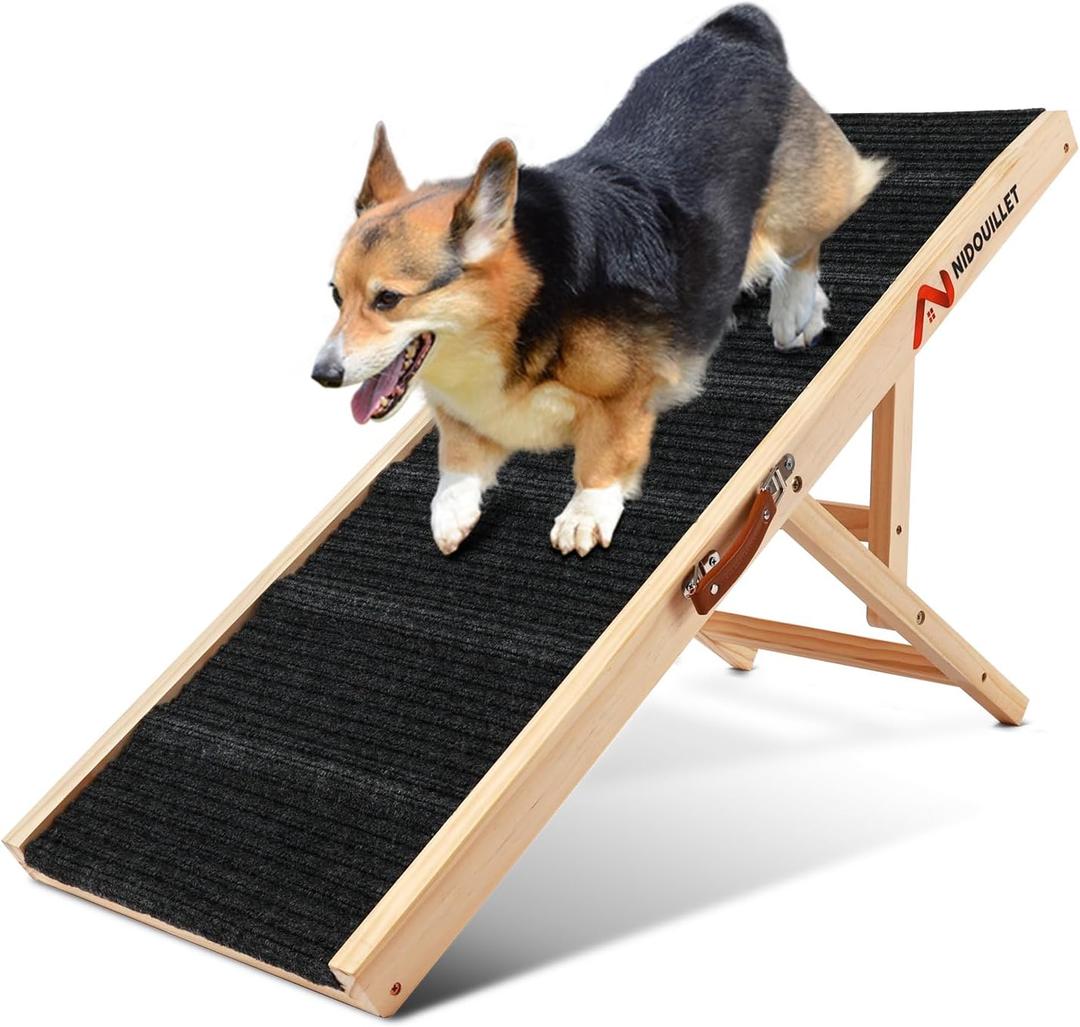 Nidouillet Dog Ramp for Bed, 39" Long Wooden Foldable Dog Ramp, 5 Adjustable Heights from 14.4" to 22.2" with Anti-Slip Traction Mat, Portable Pet Ramp for Bed, Couch, Max 200lbs - 39inch (L: 39inch)