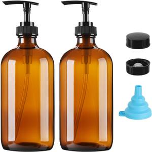 Vitreaux 16oz Amber Glass Soap Dispenser, 2 Pack Refillable Hand Soap Dispenser with Leak-Proof Pump, Brown Glass Bottle for Dish Soap, Lotion, Shampoo, Conditioner, Body Wash