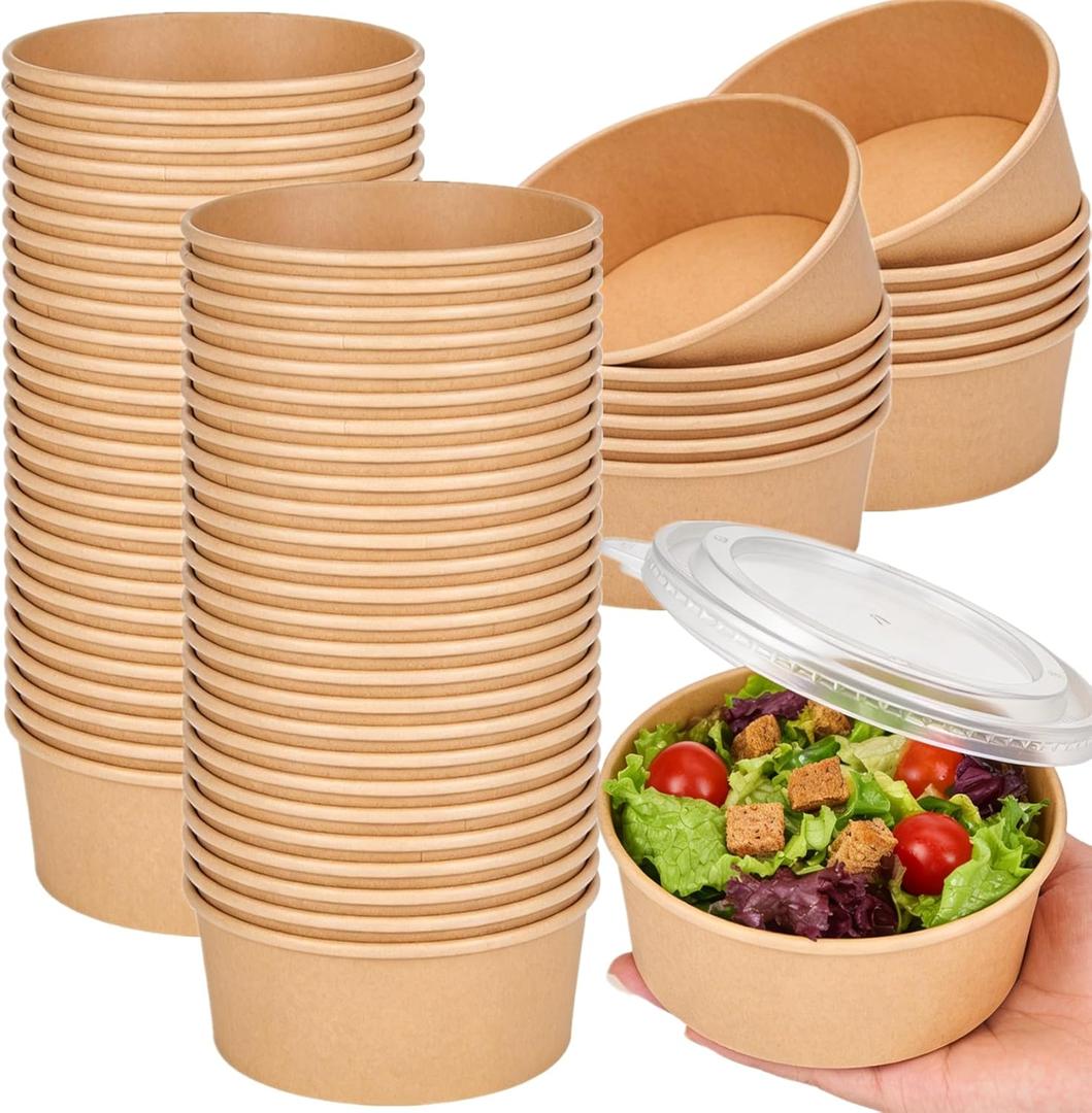 50 Pack Kraft Paper Bowls with Clear Lid, 25OZ Paper Salad Serving Bowls, Microwave Freezer Safe Meal Prep to Go Food Containers for BBQ, Gatherings and Parties