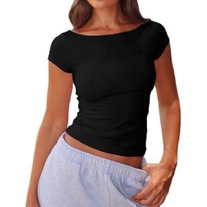 Beumissy Women's Boat Neck Short Sleeve T-Shirts Y2K Cute Going Out Tops Summer Baby Tees, XXS