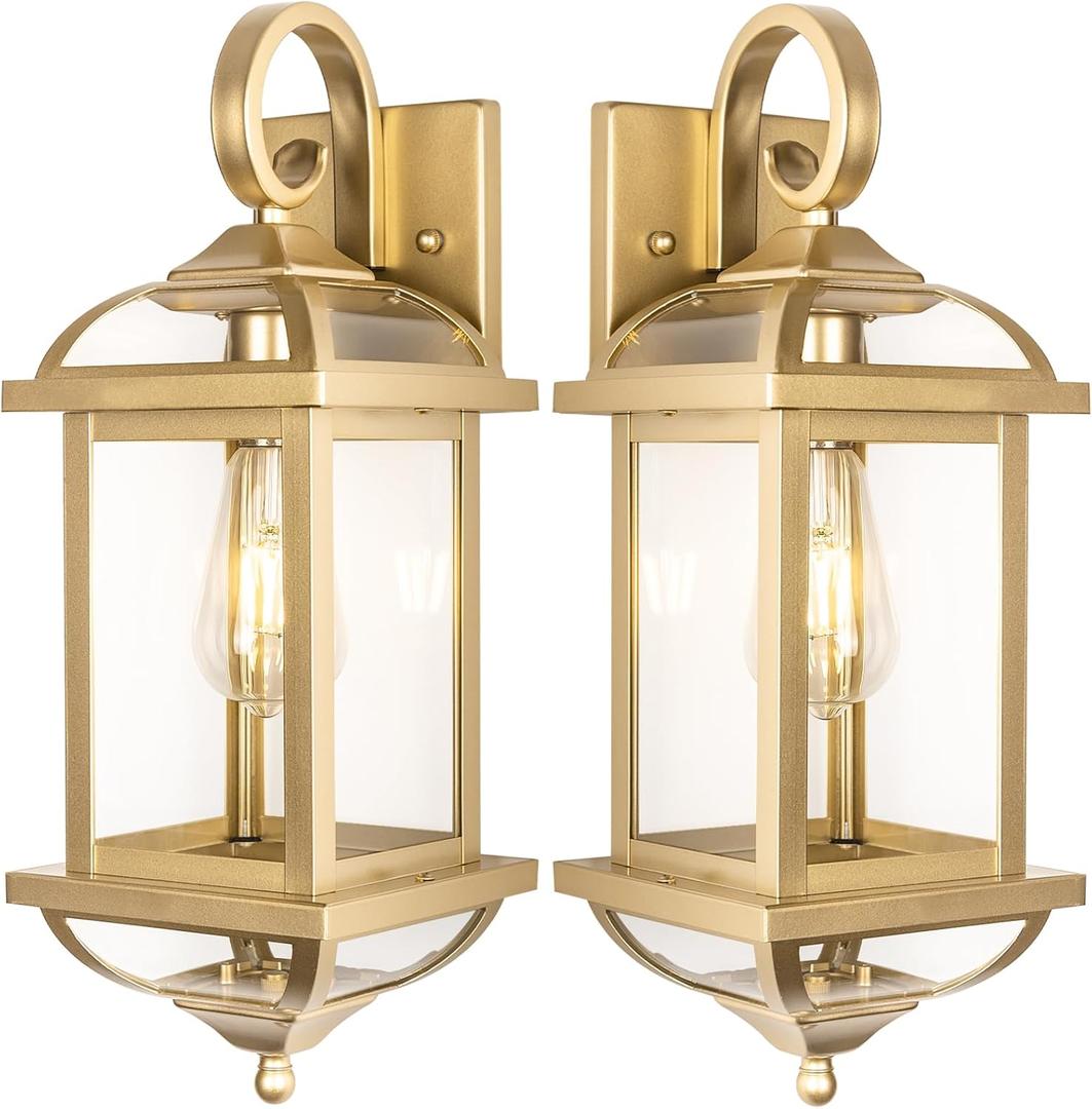 2-Pack 18 Gold Light Fixtures Outdoor Wall Lights Exterior Lanterns, Brass Porch Lights Outside Anti-Rust Aluminum Patio Lights for House Clear Glass Wall Mount Lighting, IP65 Waterproof