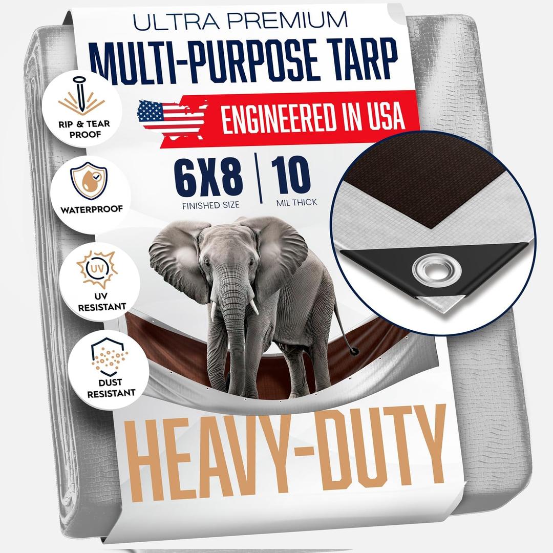 6x8 Heavy Duty Tarp, 10 Mil Thick, Waterproof, High Durability, Tear & Fade Resistant, UV Treated, Grommets Every 18 Inches (6' x '8' Feet)