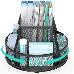 YINGHUA Metal Mesh Desk Organizer with 5 Compartments and Rotating Pencil Holder Pen and Stationery Organizer for Office Home School Anti Slip Base Black