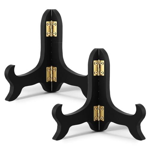 Skrfren Small Plate Stand, 5 Inch Wooden Easel Plate Holder Wooden Display Stand Plates Decorative Plates Holder, Picture Frames Folding Display Stands Desktop Ornaments Artwork DisplayStand, Black