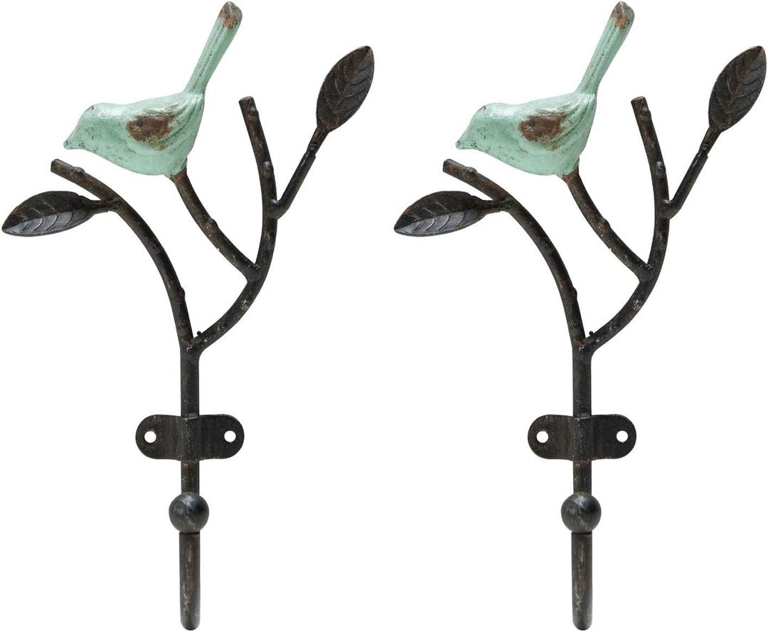 SOFFEE DESIGN 2 Packs Coat Hooks Wall-Mounted Hanging Metal Rack, Heavy Duty Tree Branch & Birds Key Holder, Vintage Farmhouse Coat Hooks for Towels, Hats, Scarves - Light Green