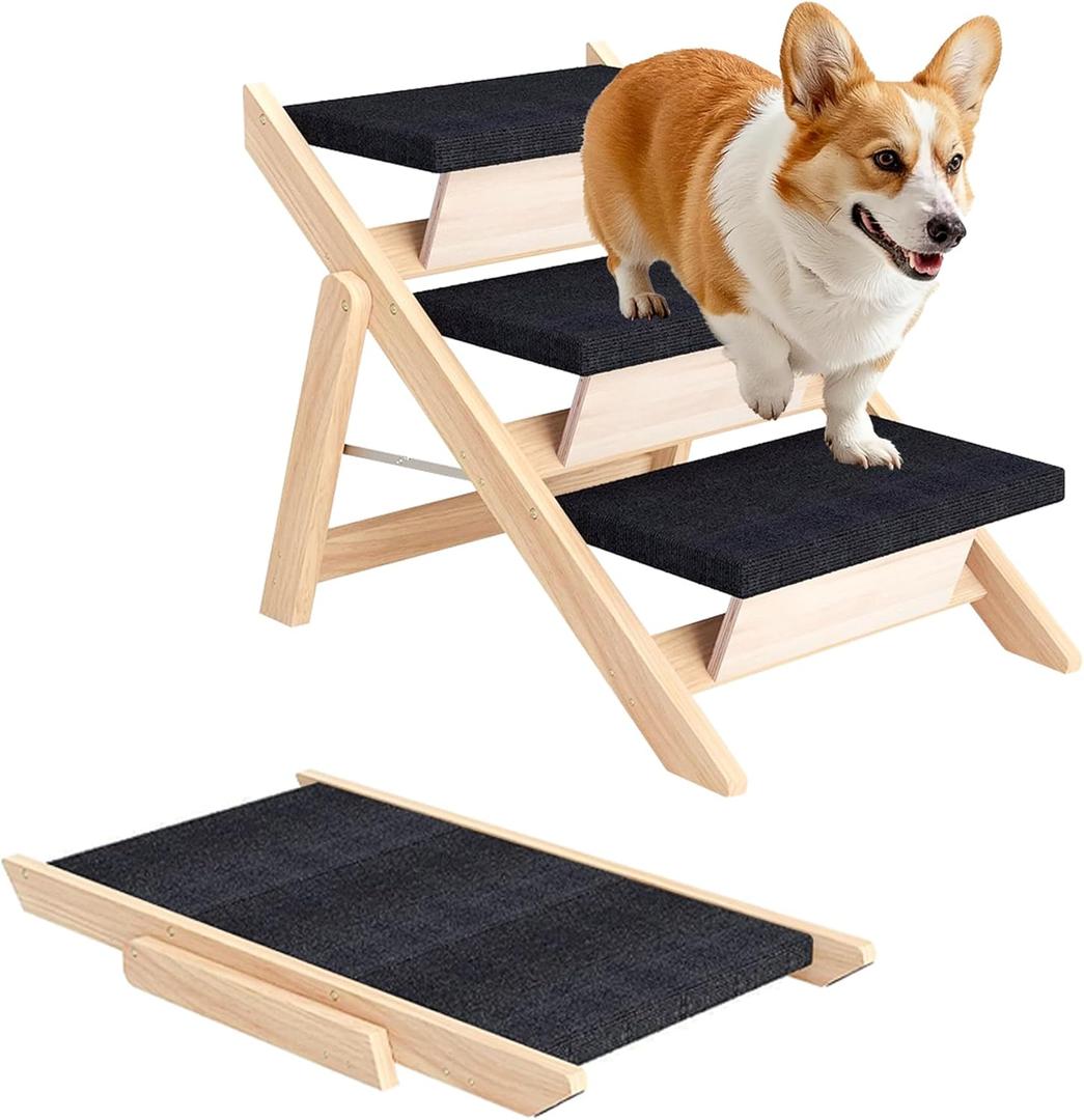 Dog Stairs/Ramp for Bed, Wooden 2-in-1 Foldable Pet Stairs & Ramp, Portable Dog Ladder Up to 180 Pound for Elderly/Short-Legged Dogs, 3 Steps for Beds, Couch, Cars
