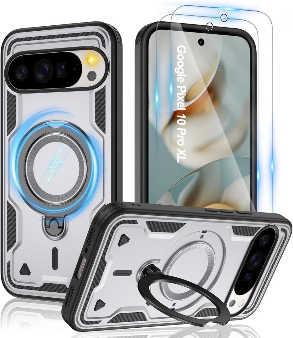 Gritup fro Google Pixel 10 Pro XL Case | Military-Grade Magnetic Protective Cover Compatible with Mag-Safe, 2-Pack HD Screen Protectors, Rotating Kickstand & Anti-Fingerprint Design,Gray