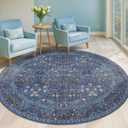 Washable Round Rugs 7ft for Living Room, Soft Big Round Area Rugs for Bedroom Under Bed, Dark Green Non Slip Large Carpet for Dining Room, Boho Floral Dcor Stain Resistant