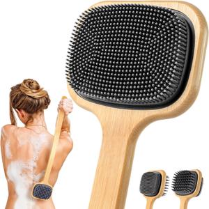 Back Scrubber for Shower, 21.65'' Long Handle Double-Sided Silicone Shower Bath Brush, Bamboo Body Exfoliator for Bath/Dry Brush/Massage/Back Scratching, Gift for Elderly