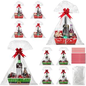 Cholemy 24 Pieces Christmas Gift Baskets Empty Kit Include 8 Kraft Market Trays 8 Bags and 8 Bows Elf Belt Candy Cardboard Baskets for Gifts Empty with Handles (Elf Belt)