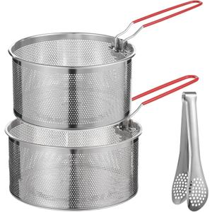 Stainless Steel Pasta Strainer Set with Food Clip, Include 7 in & 6.2 in Deep Fryer Basket, Removable Handle Strainer for Washing Draining Deep-frying Boiling Steaming