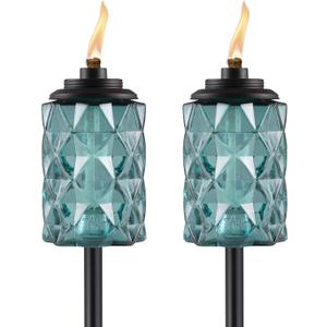 TIKI 2-Pack Topaz Blue Glass Torches  65" Outdoor Decorative Torches for Patio, Backyard & Garden  Easy Install, Weather-Resistant with Long-Lasting Wick & Snuffer