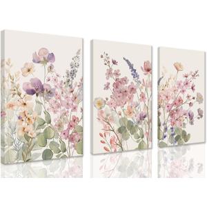 ZQARTZZQ Framed Colorful Wildflower Canvas Wall Art, Pink and Purple and Floral Paintings Watercolor Botanical Flower Wall Decor Pictures Prints Set of 3 for Living Room Girls Bedroom Bathroom 12x16in