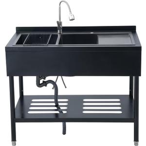 Freestanding stainless steel utility sink with faucet, double bowl kitchen basin with drainboard, portable cabinet design, adjustable legs, storage shelves, rustproof, 47.5"x24"x38.9", black